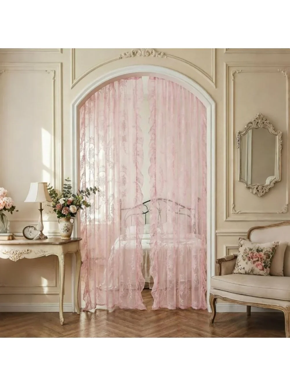 102” Pink Lace Curtains Set - Vintage Boho Sheer Floral Embroidery Window